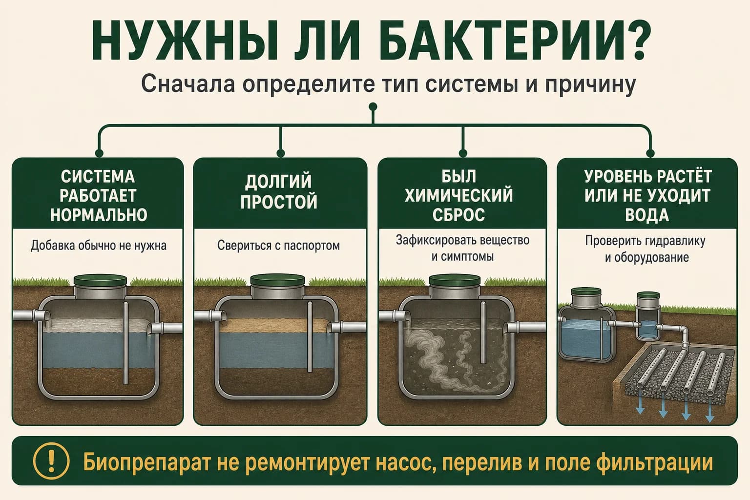 Дерево решения, когда добавлять бактерии в септик