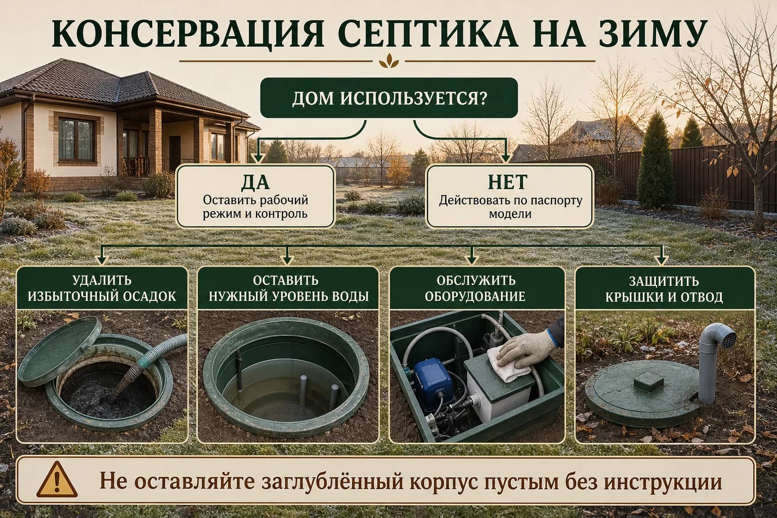 Ветки консервации септика для постоянного и сезонного дома