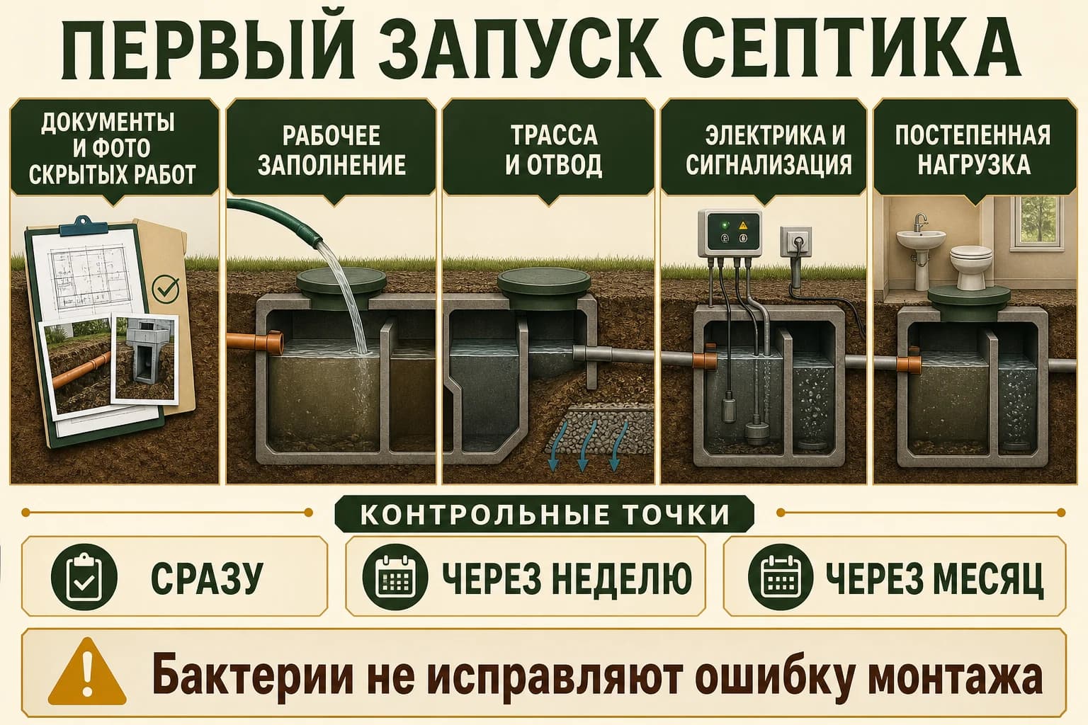 Этапы первого запуска септика после монтажа