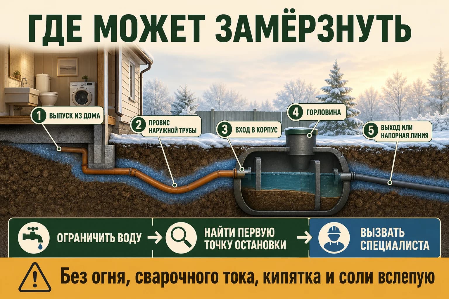 Карта возможных мест замерзания септика и канализации