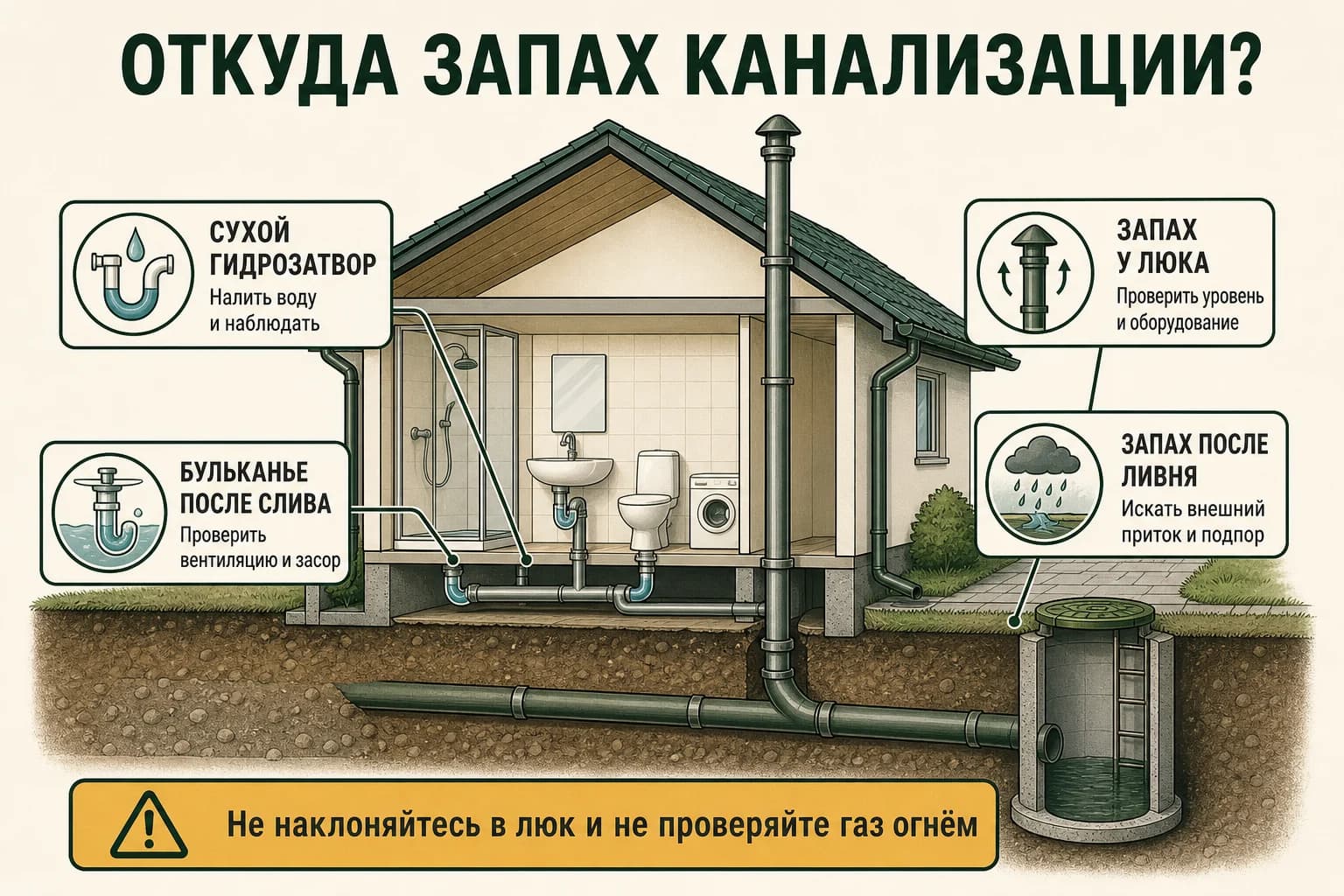 Схема диагностики запаха канализации в частном доме