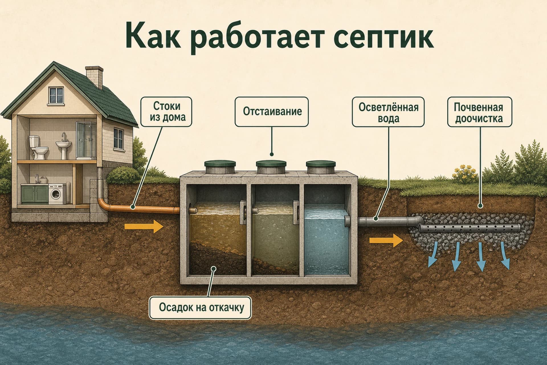Схема движения бытовых стоков через септик и почвенную доочистку