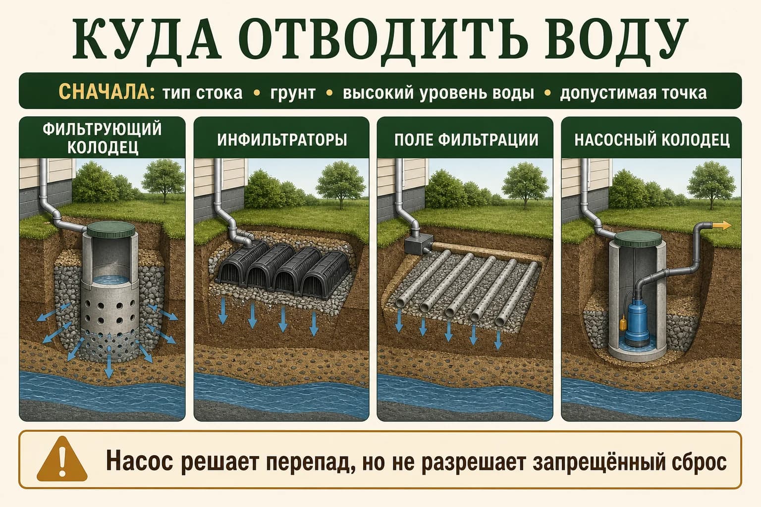 Дерево выбора отвода воды от септика по грунту и уровню воды