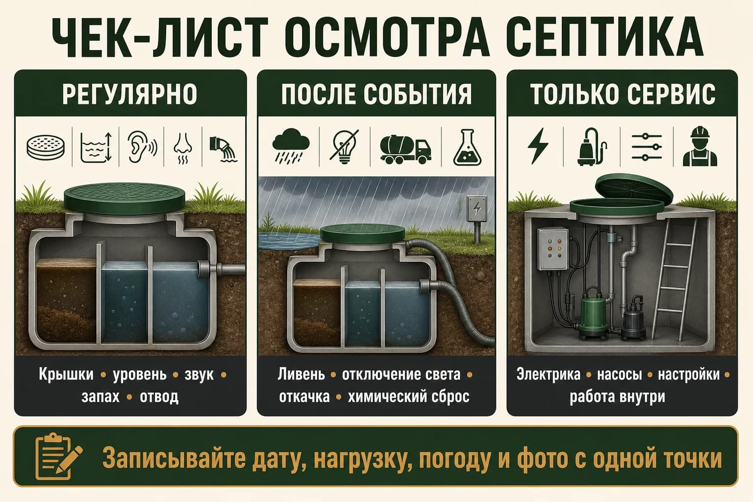 Календарь и событийный чек-лист осмотров септика