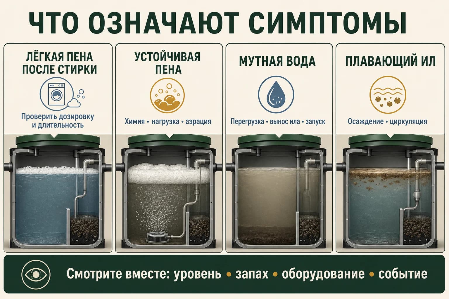Фотоатлас симптомов пены, мутности и осадка в септике