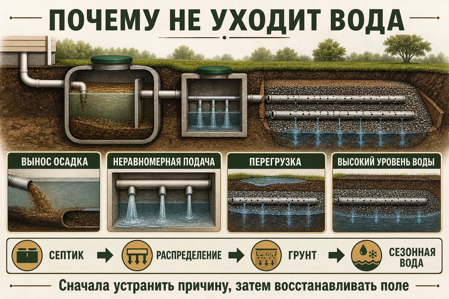 Признаки и причины заиливания поля фильтрации