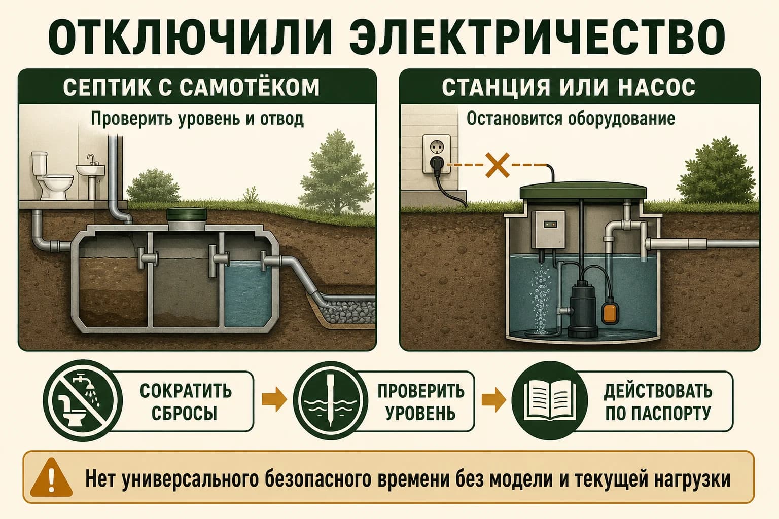Порядок действий при отключении электричества у септика