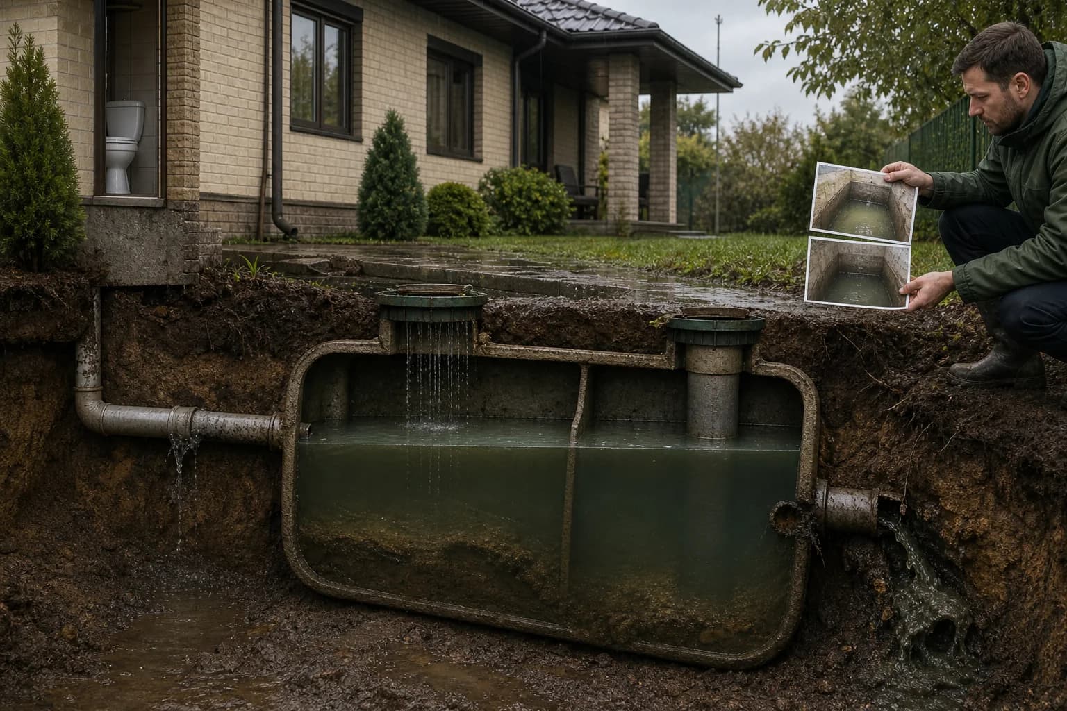 Высокий уровень воды в септике и специалист с журналом измерений