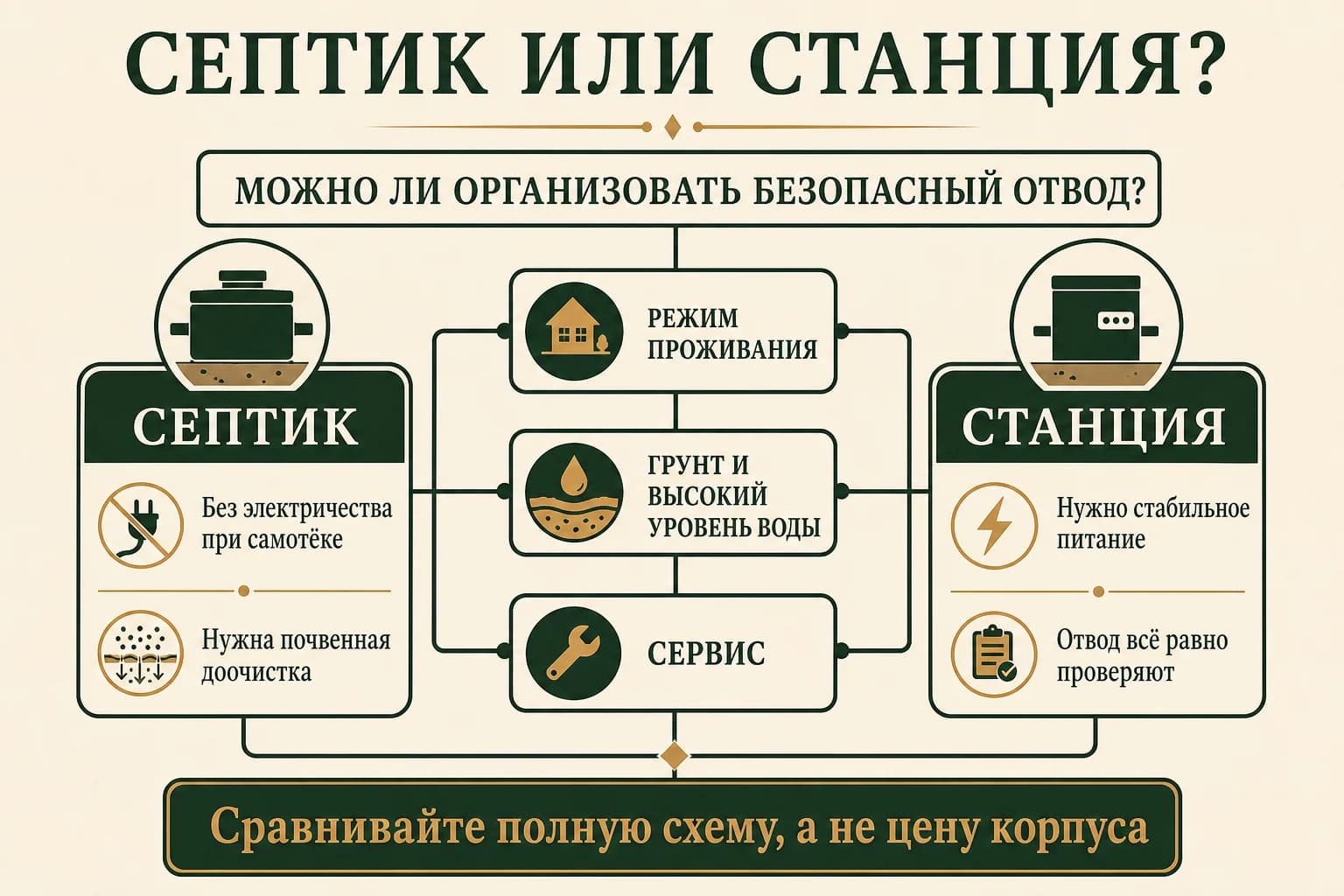 Дерево выбора между септиком и станцией биоочистки