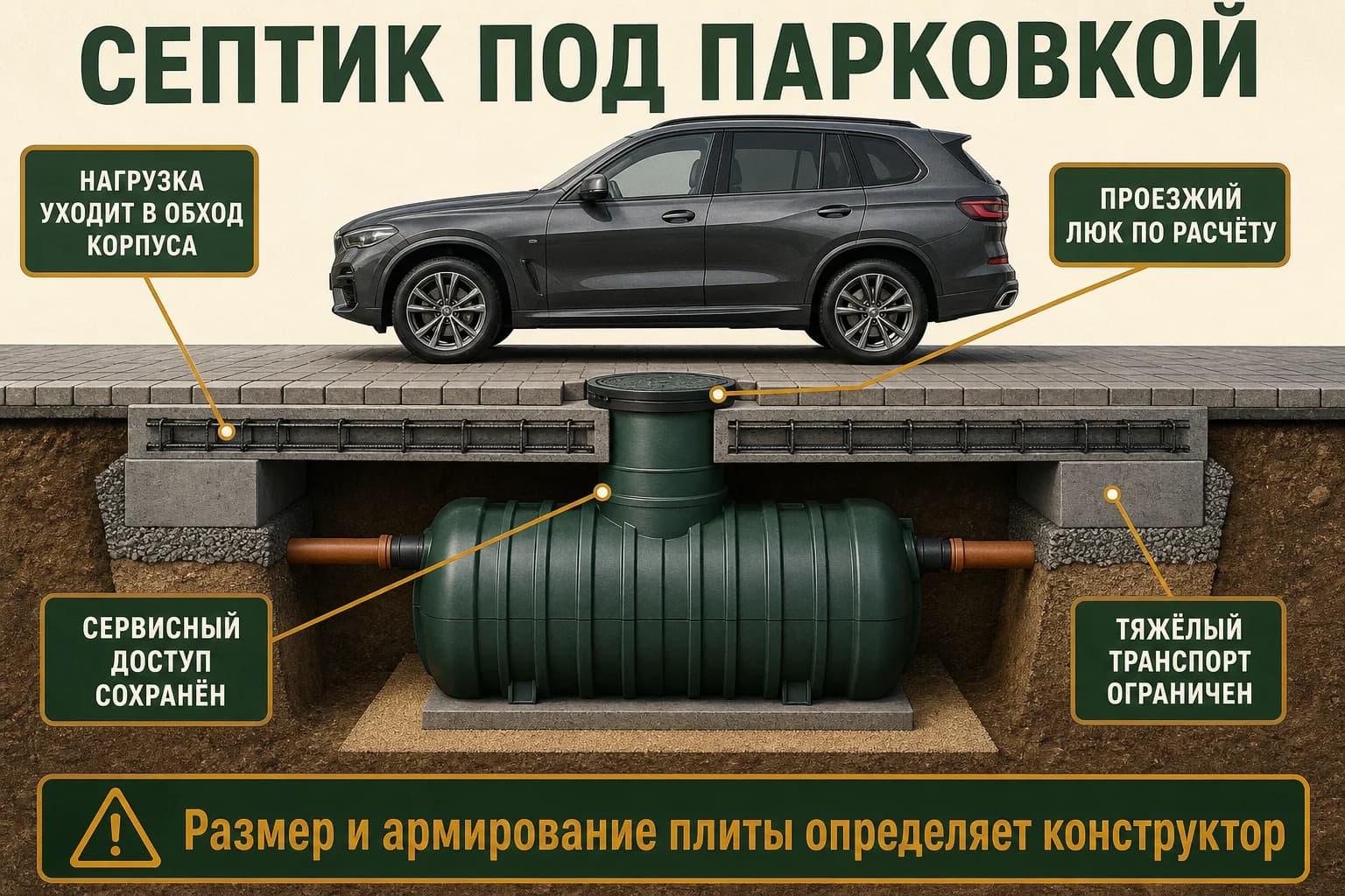 Нагрузки и сервисные зоны септика под парковкой