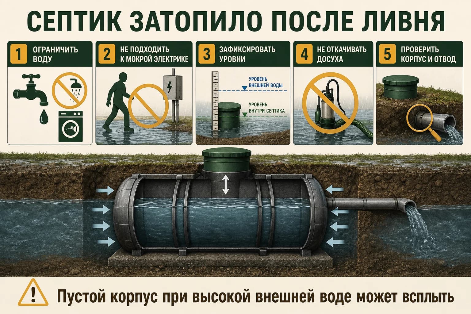 Первые действия при затоплении септика после ливня