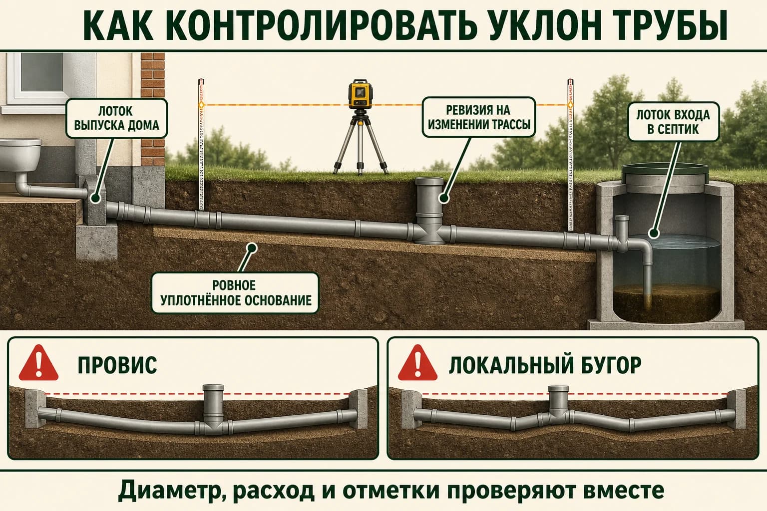 Схема правильного контроля уклона наружной канализации
