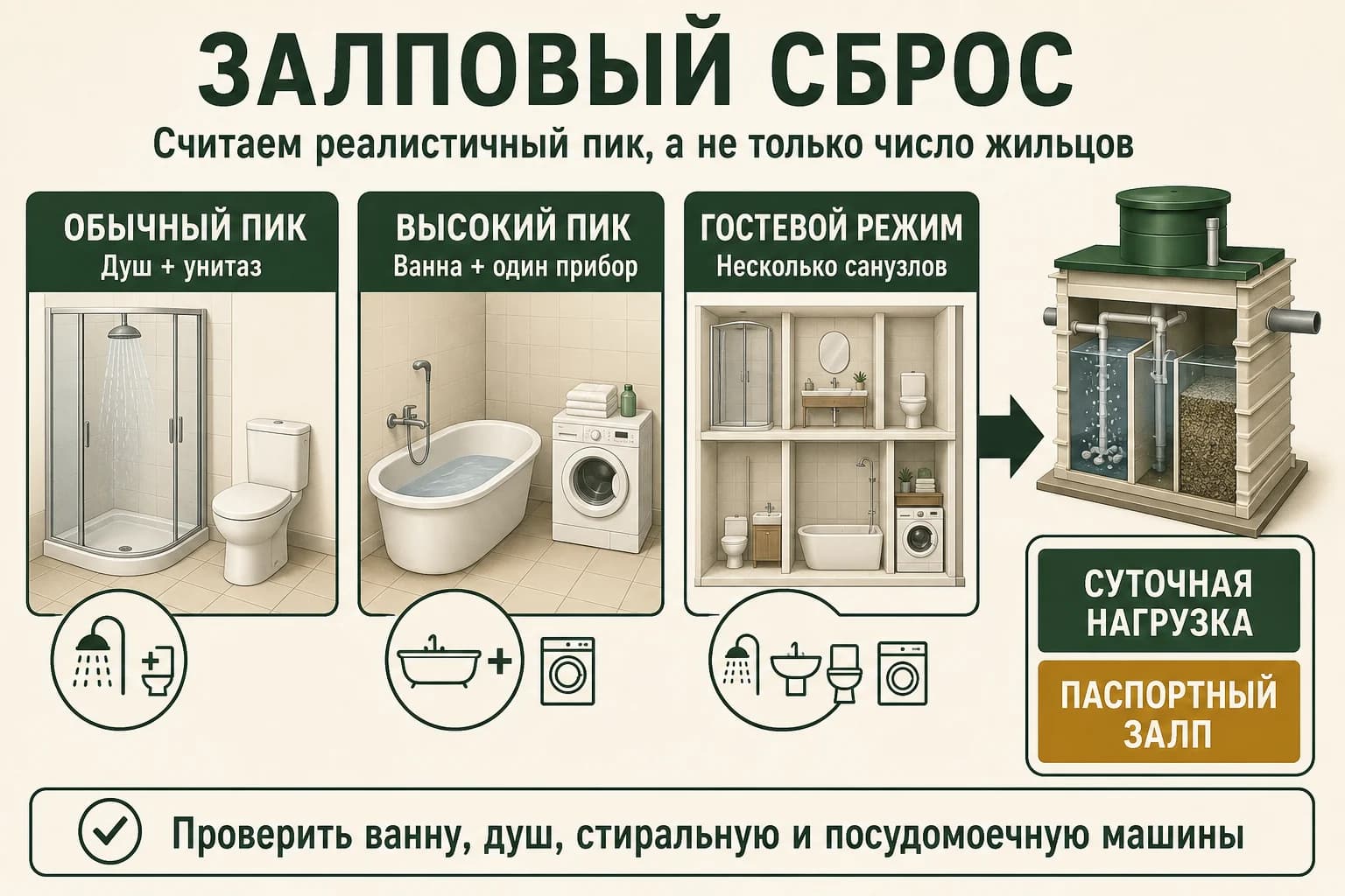 Схема расчёта залпового сброса септика по сценариям
