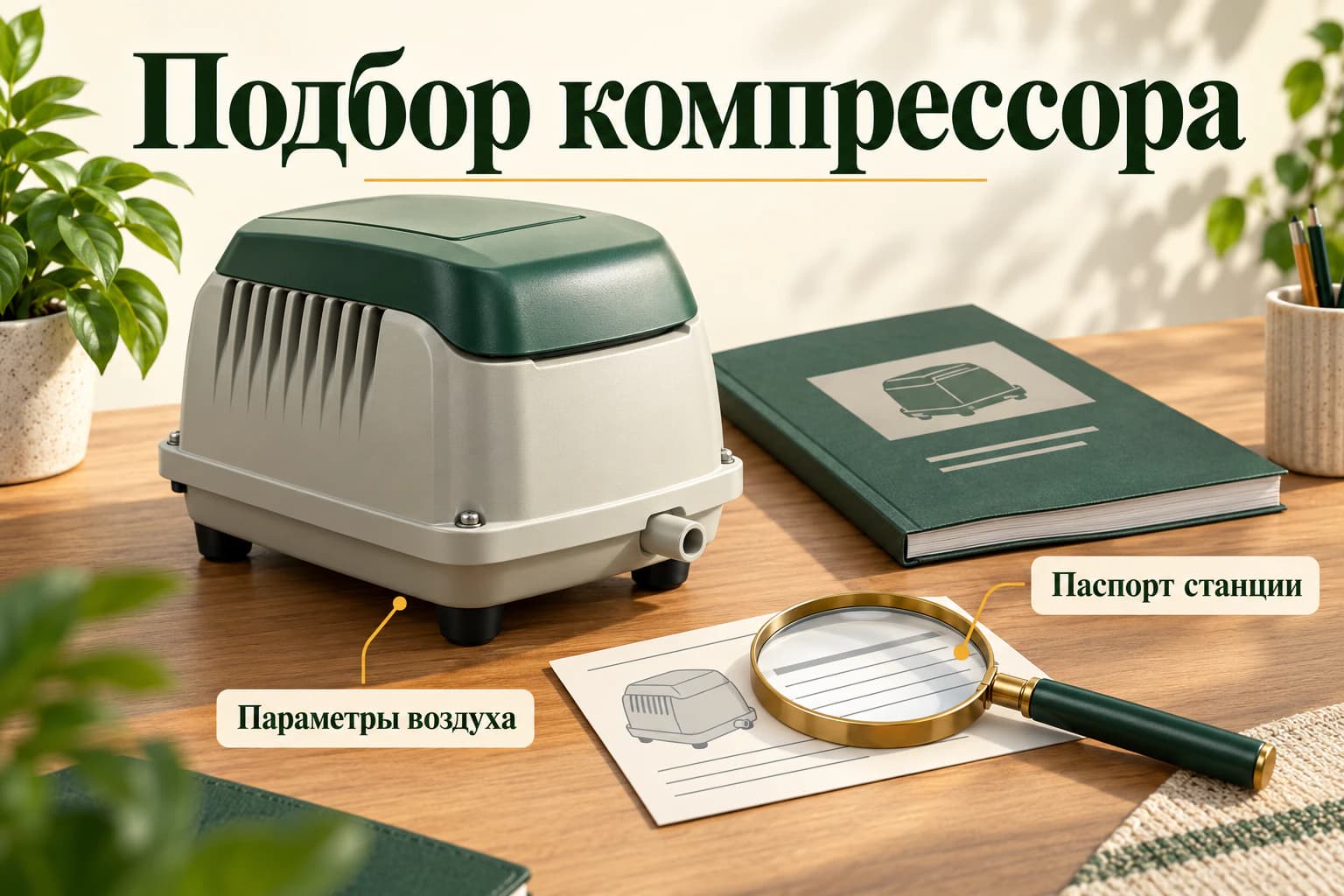 Редакционная иллюстрация: компрессор и документы для проверки совместимости со станцией