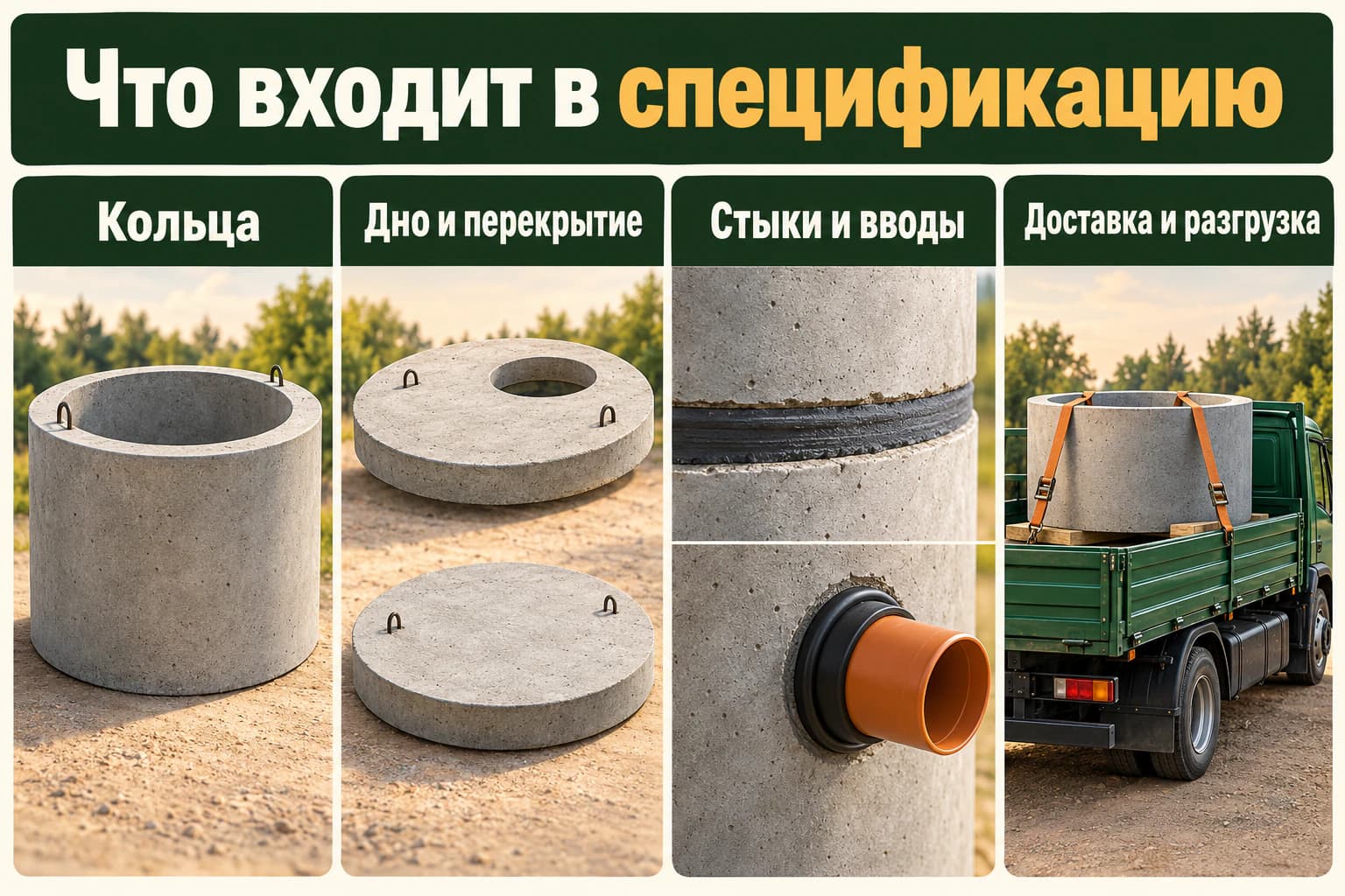 Кольцо, днище, перекрытие, стыки и доставка в спецификации