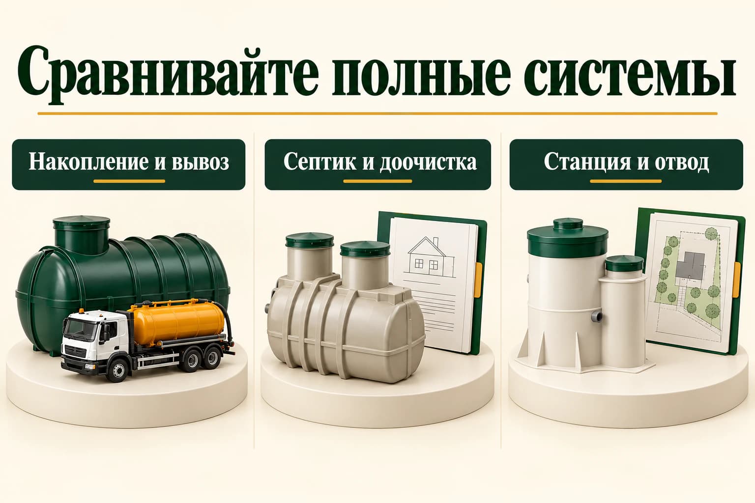 Накопитель с вывозом, септик с доочисткой, станция с проверенным выпуском