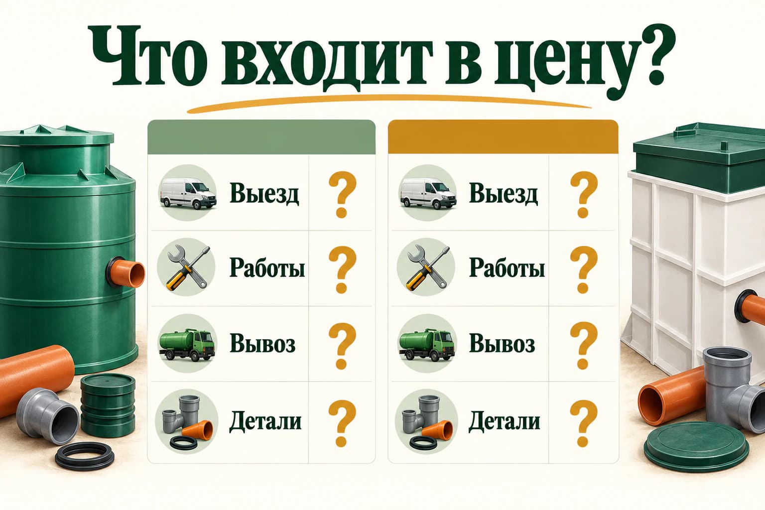 Что входит в цену?. Выезд • Работы • Вывоз • Детали