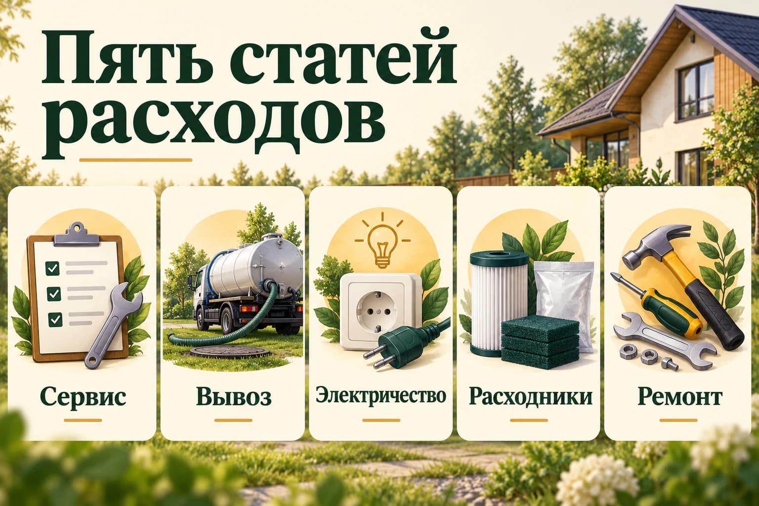 Пять статей расходов. Сервис / Вывоз / Электричество / Расходники / Ремонт