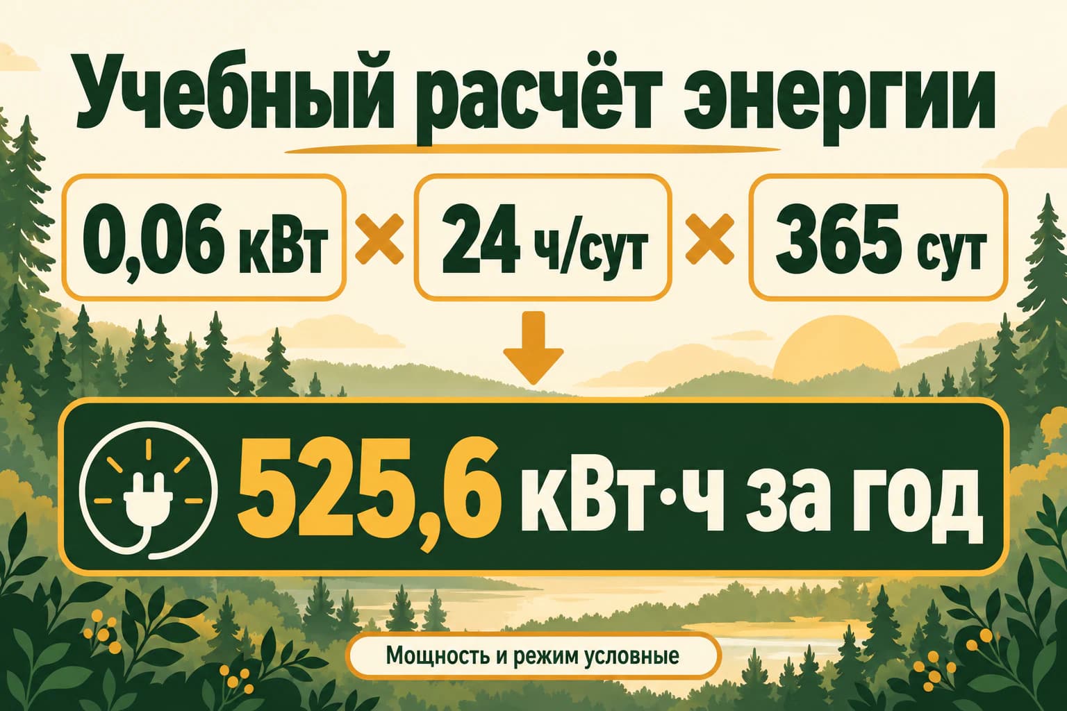 Учебный пример. 0,06 кВт × 24 ч × 365 = 525,6 кВт·ч